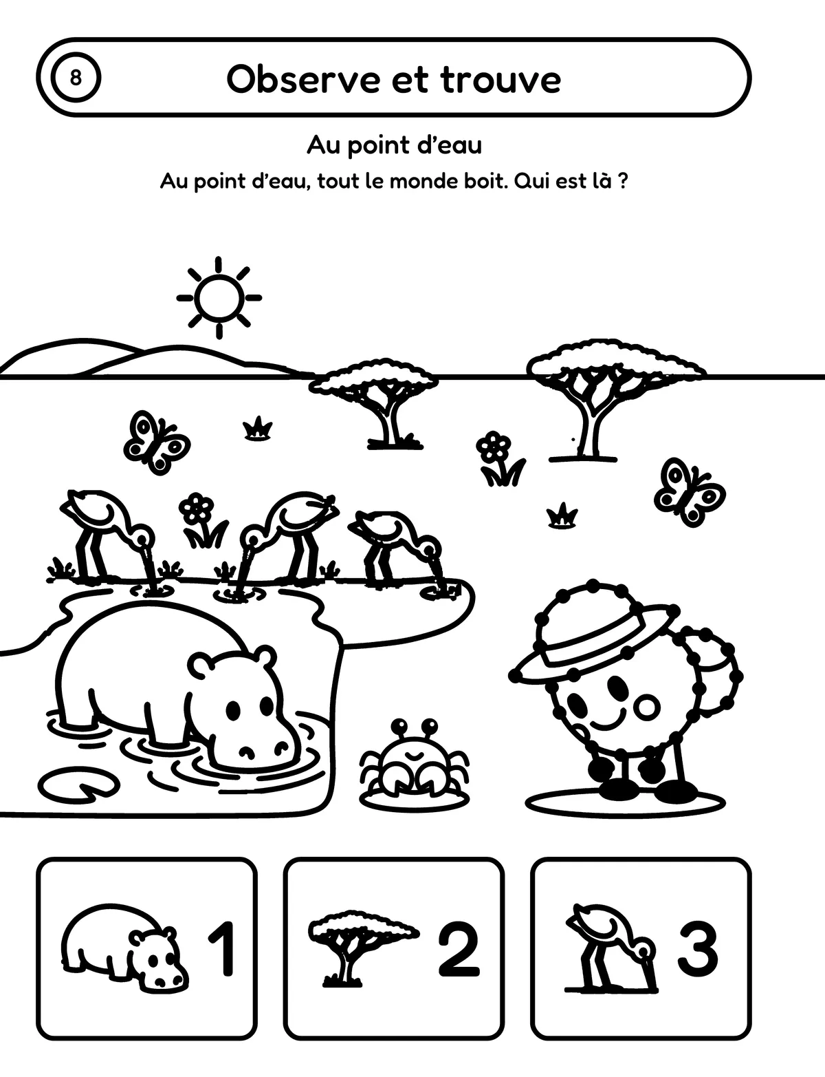 Page 8 du cahier « Point part en voyage » : « Observe et trouve », une scène de savane au point d’eau et trois dessins à retrouver