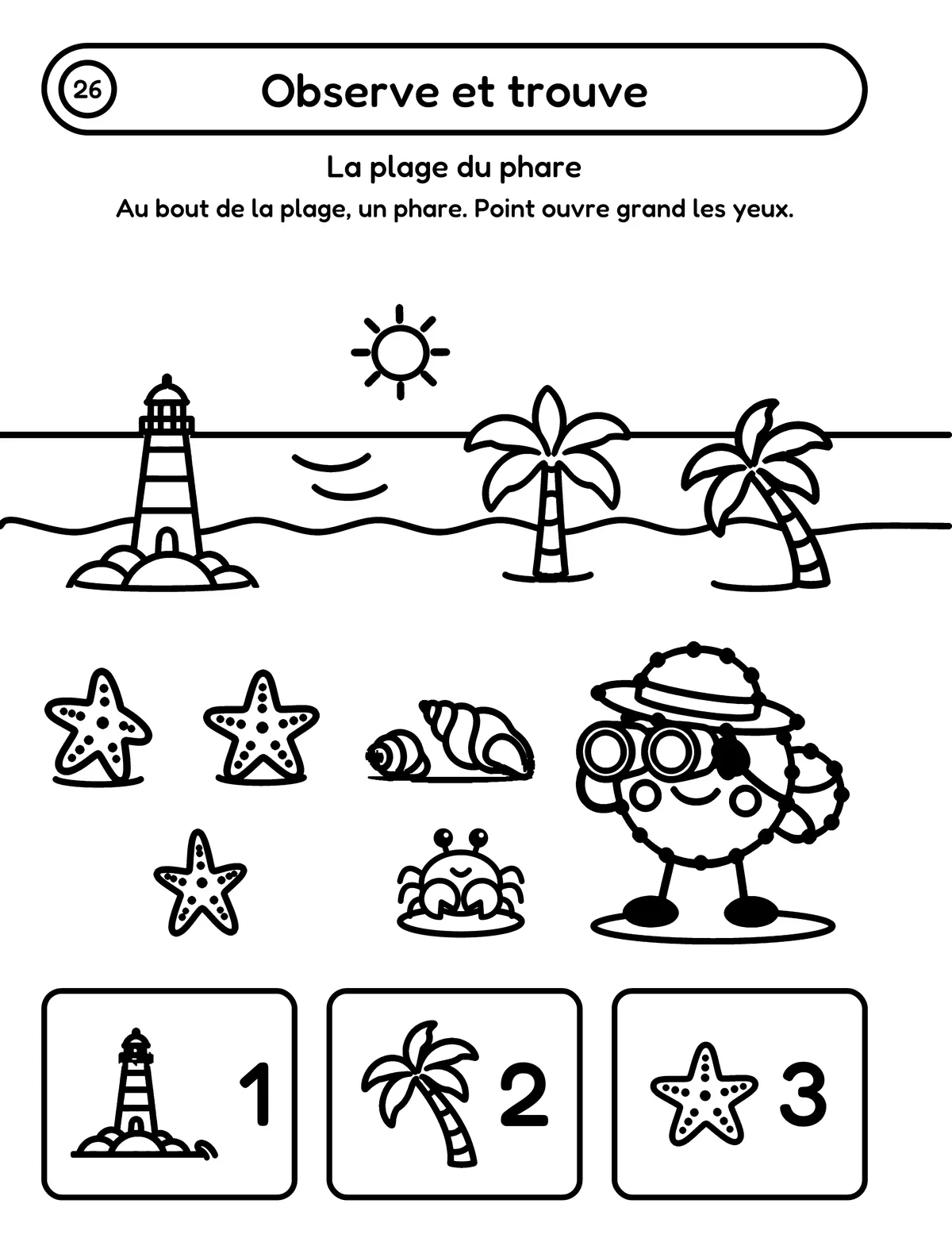 Page 26 du cahier « Point part en voyage » : « Observe et trouve », la plage du phare et trois objets à retrouver