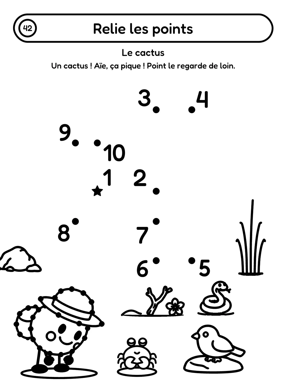 Page 42 du cahier « Point part en voyage » : « Relie les points », des points numérotés de 1 à 10 qui dessinent un cactus