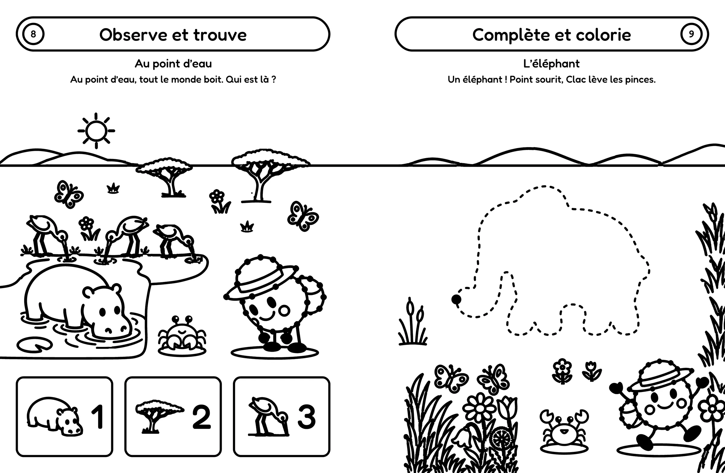 Double page du cahier « Point part en voyage » : à gauche, « Observe et trouve », une scène de savane au point d’eau et trois dessins à retrouver ; à droite, « Complète et colorie », un éléphant en pointillés à terminer