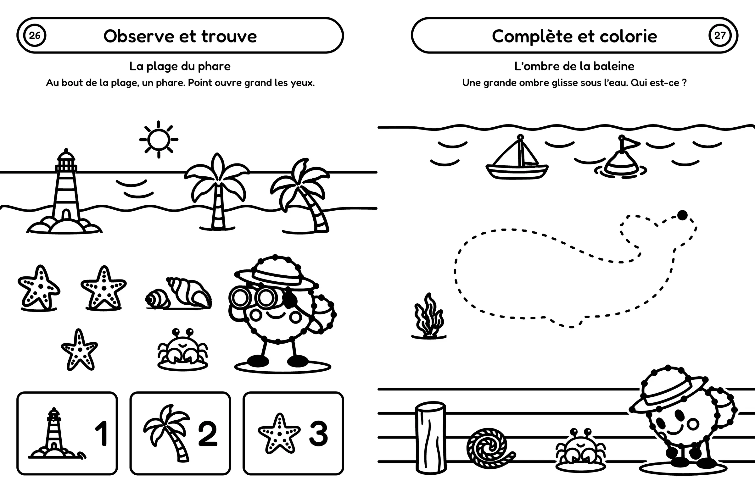 Double page du cahier « Point part en voyage » : à gauche, « Observe et trouve », la plage du phare et trois objets à retrouver ; à droite, « Complète et colorie », l’ombre d’une baleine en pointillés