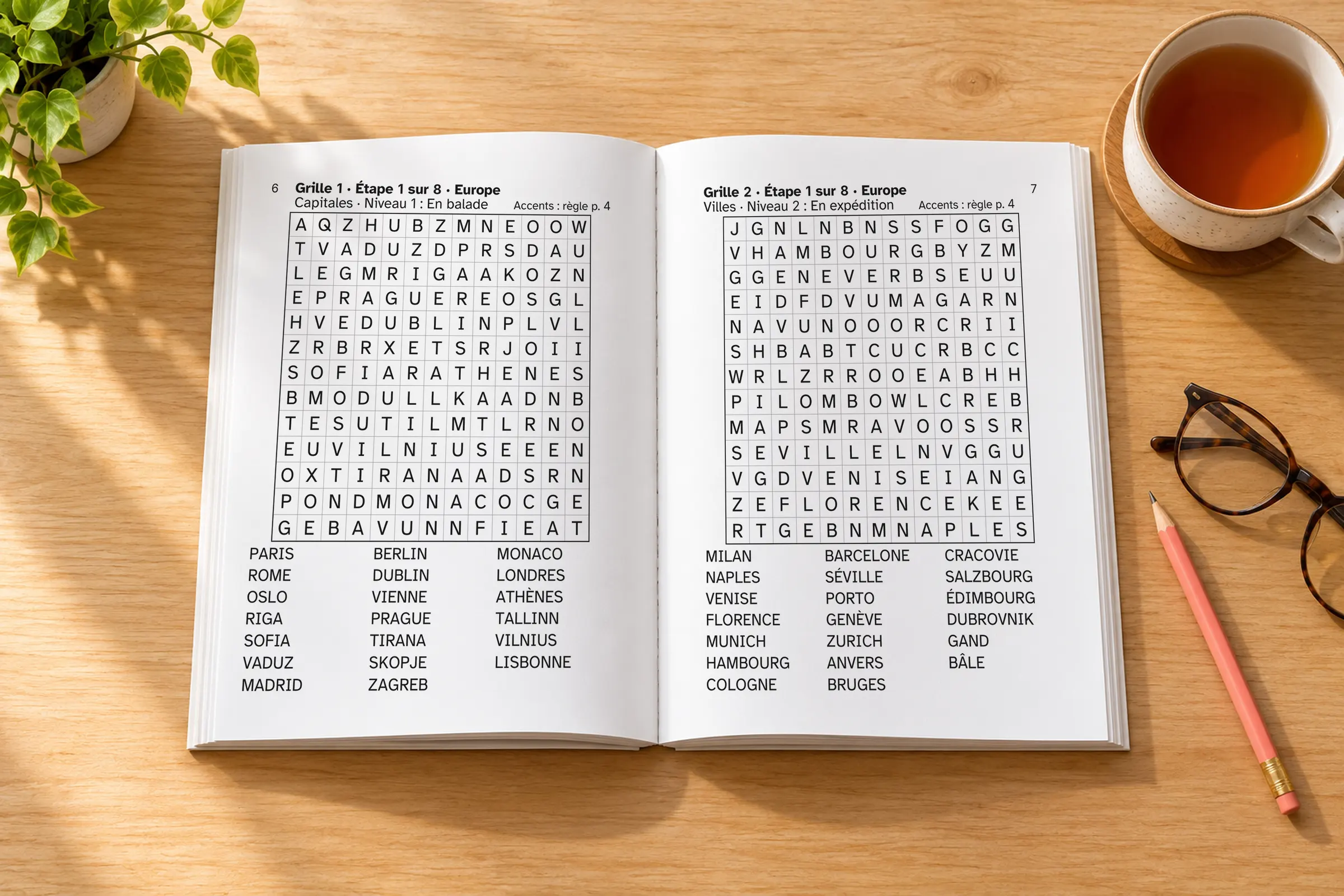 Le livre « Le monde en grand » ouvert sur une table, aux pages 6 et 7 : deux grilles de mots mêlés en grandes lettres capitales, avec la liste des mots sous chaque grille. À côté, une tasse de thé, des lunettes et un crayon.
