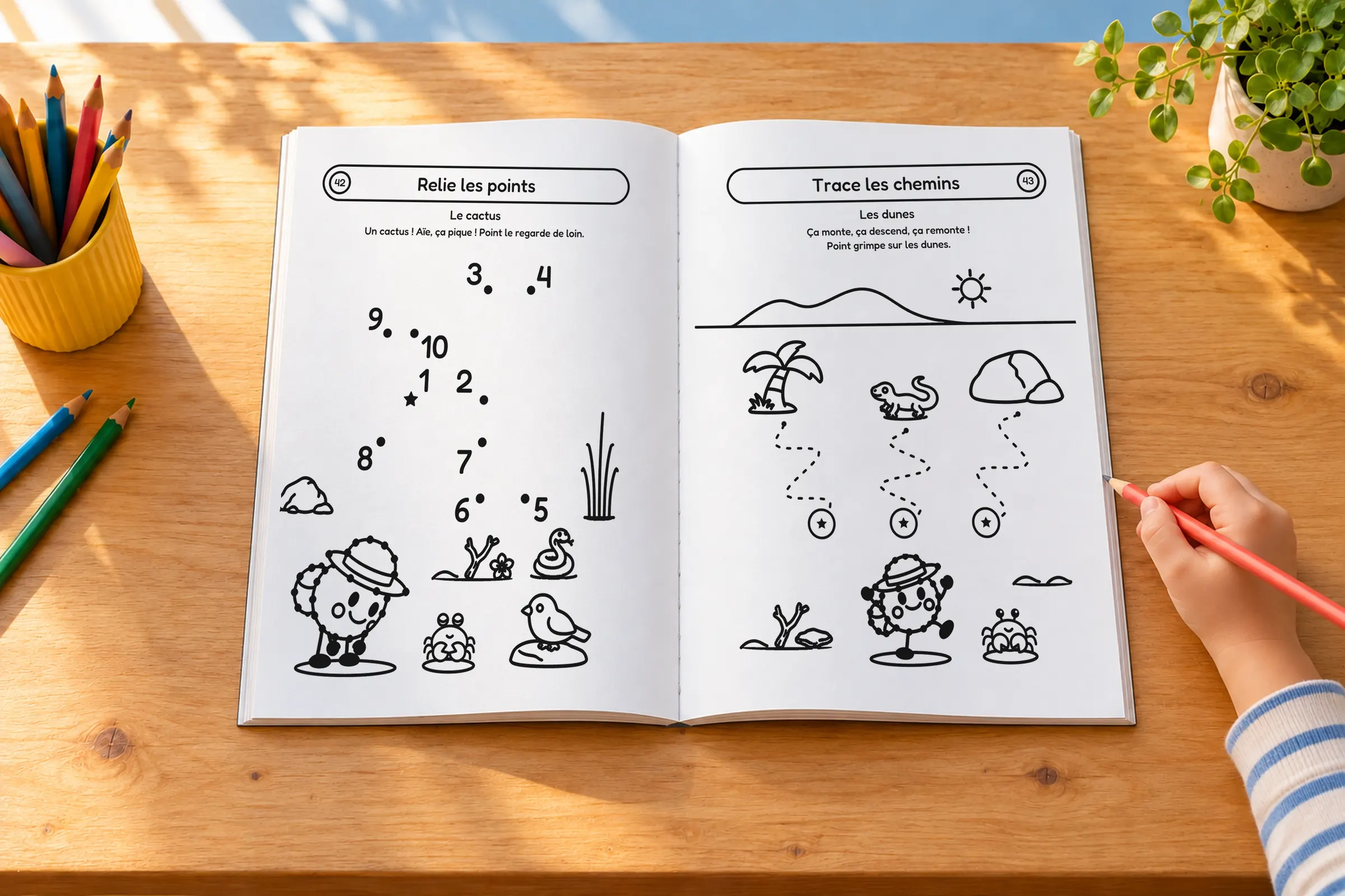 Le cahier « Point part en voyage » ouvert sur une table, aux pages 42 et 43 : à gauche, des points numérotés à relier qui dessinent un cactus ; à droite, des chemins à tracer sur les dunes. La main d’un enfant tient un crayon rouge, des crayons de couleur attendent dans un pot.
