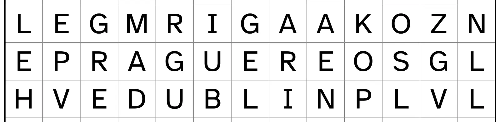 Gros plan de la grille 1 du livre : trois rangées de grandes lettres capitales, le mot PRAGUE entouré d’un trait corail