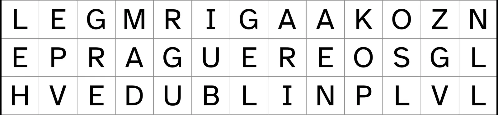 Gros plan de la grille 1 du livre : trois rangées de grandes lettres capitales, le mot PRAGUE entouré d’un trait corail