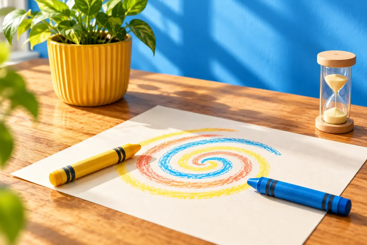 Une spirale colorée tracée au crayon sur une feuille, deux gros crayons et un petit sablier posés sur une table.