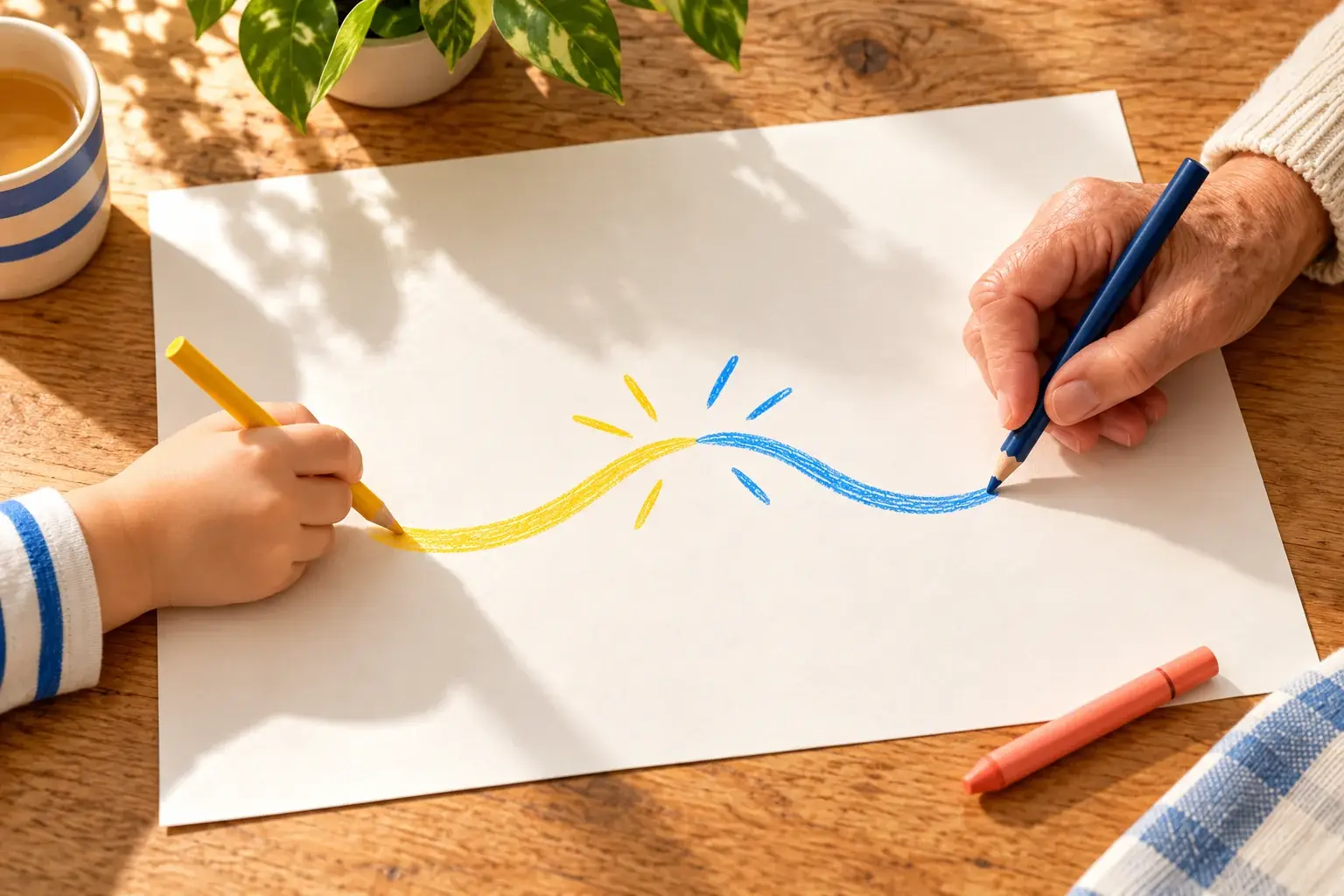 Deux mains dessinant un chemin à deux crayons sur une même feuille.