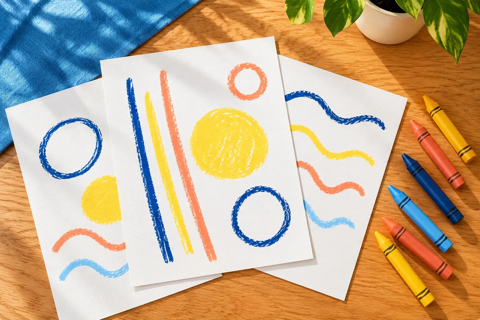 Des feuilles de graphisme avec lignes, ronds et vagues colorés.