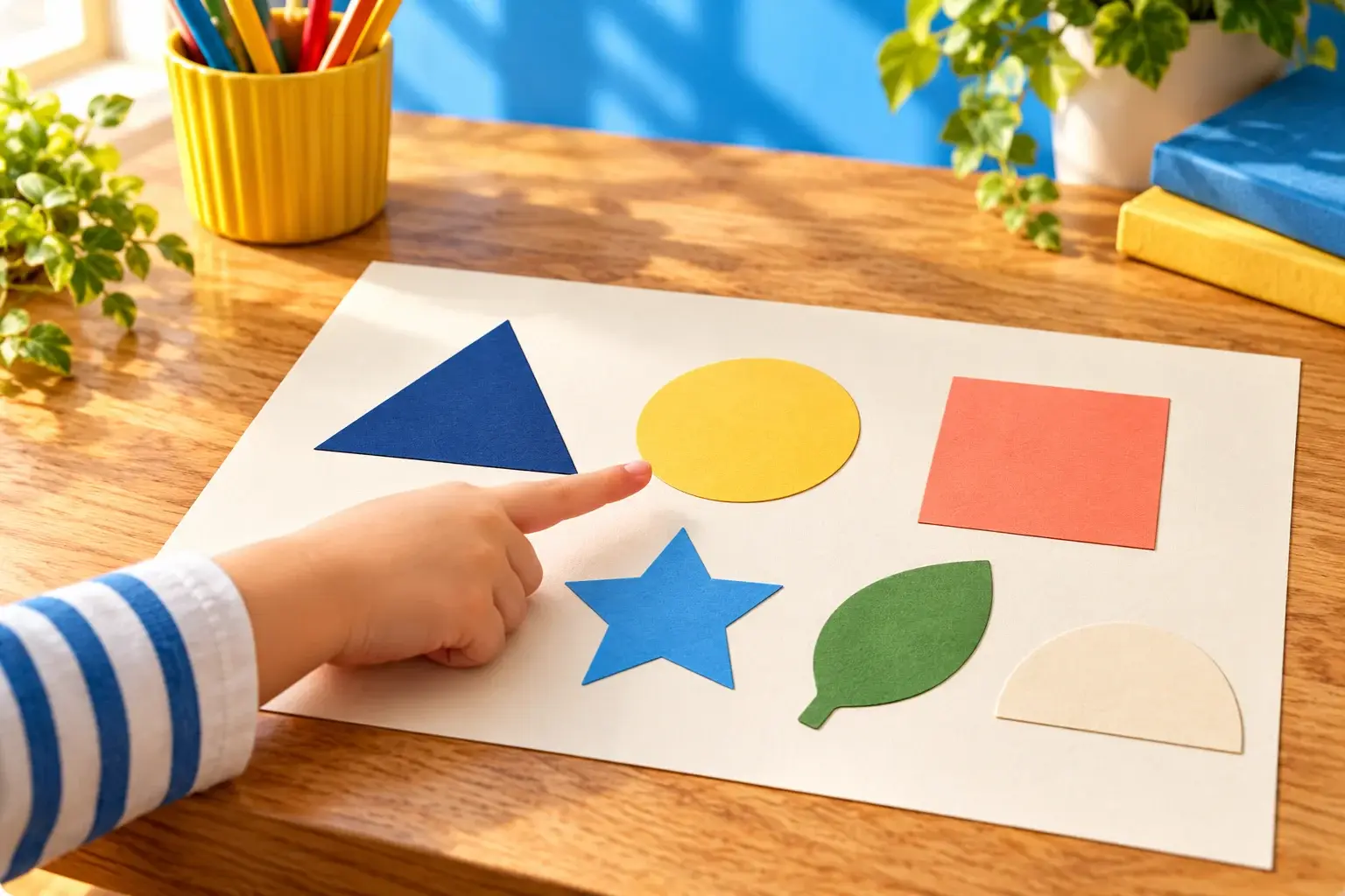 Un doigt d’enfant montre un rond jaune parmi des formes de papier colorées posées sur une feuille.