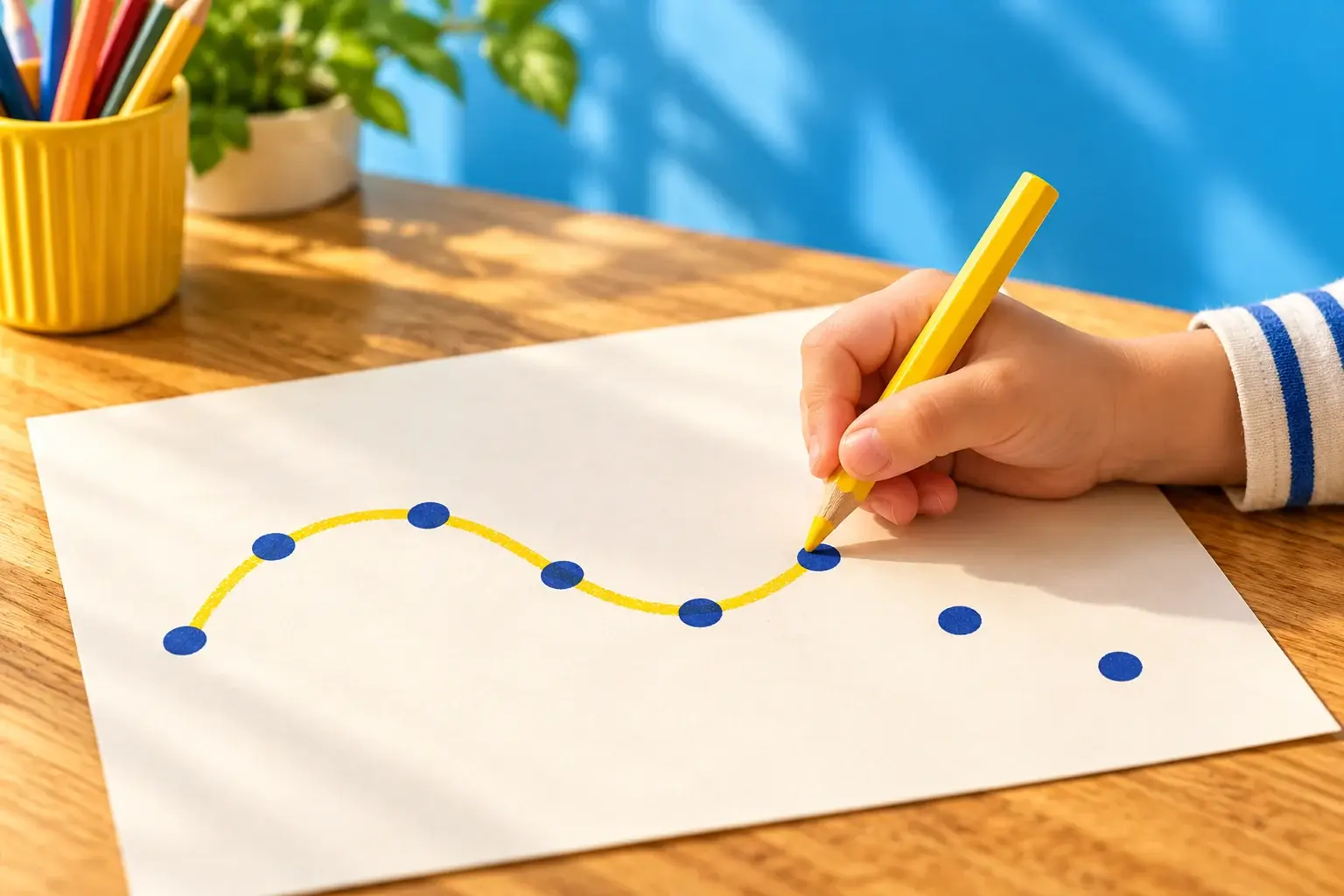 Main d’enfant reliant quelques points au crayon jaune sur une feuille.